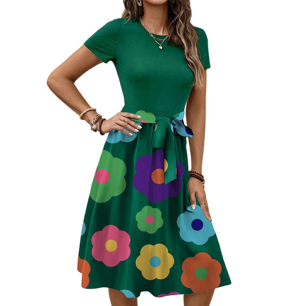 Dámské módní retro vzorované tištěné barevně blokované šaty