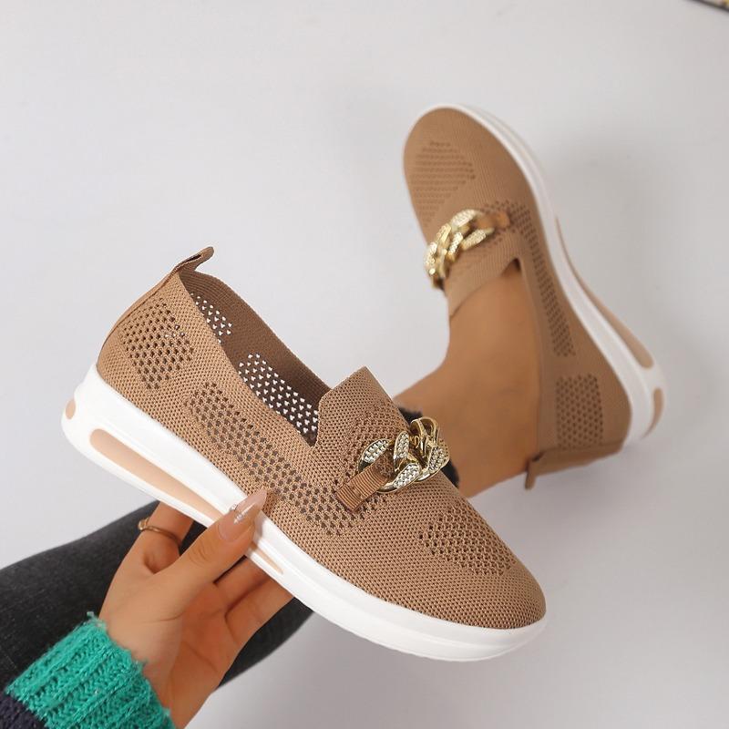 Spring new large-size women's shoes fly-woven breathable hollow upper metal chain wedge heel casual single shoes 43