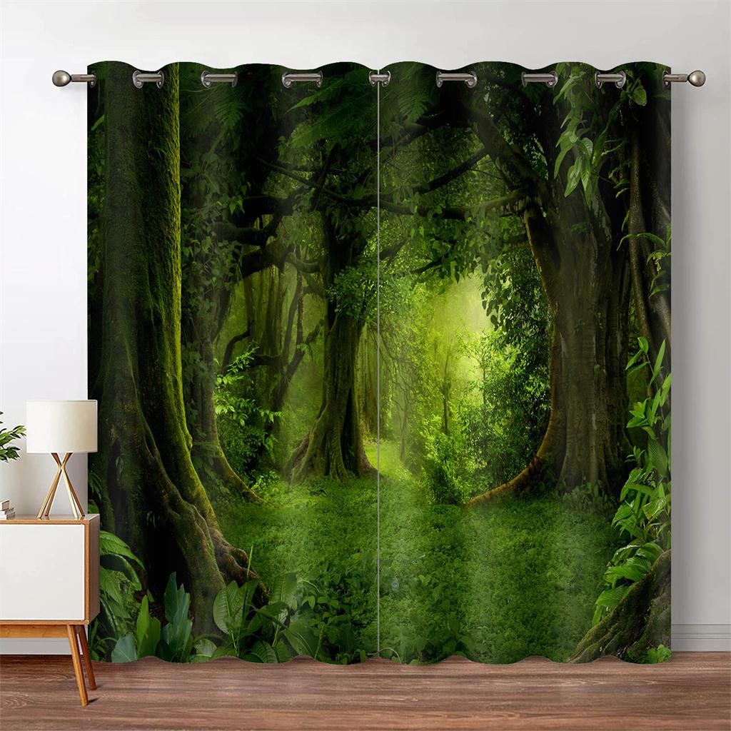 3D Forest Blackout Curtain Jungle Tree Nature Scenery Window Curtain Living Room Bedroom Waterfall Left and Right Biparting Open