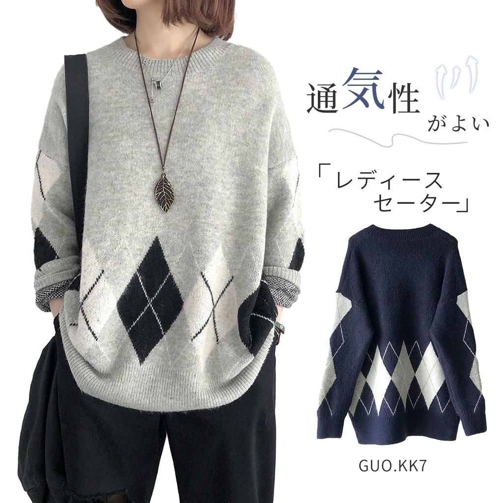 Round Neck Argyle Knit Long Pullover Check Loose Plus Sizes for Winter [Guo.KK7] Women's Sweater, Sleeves, Mid-Length, Top, Pattern, Stretchy,