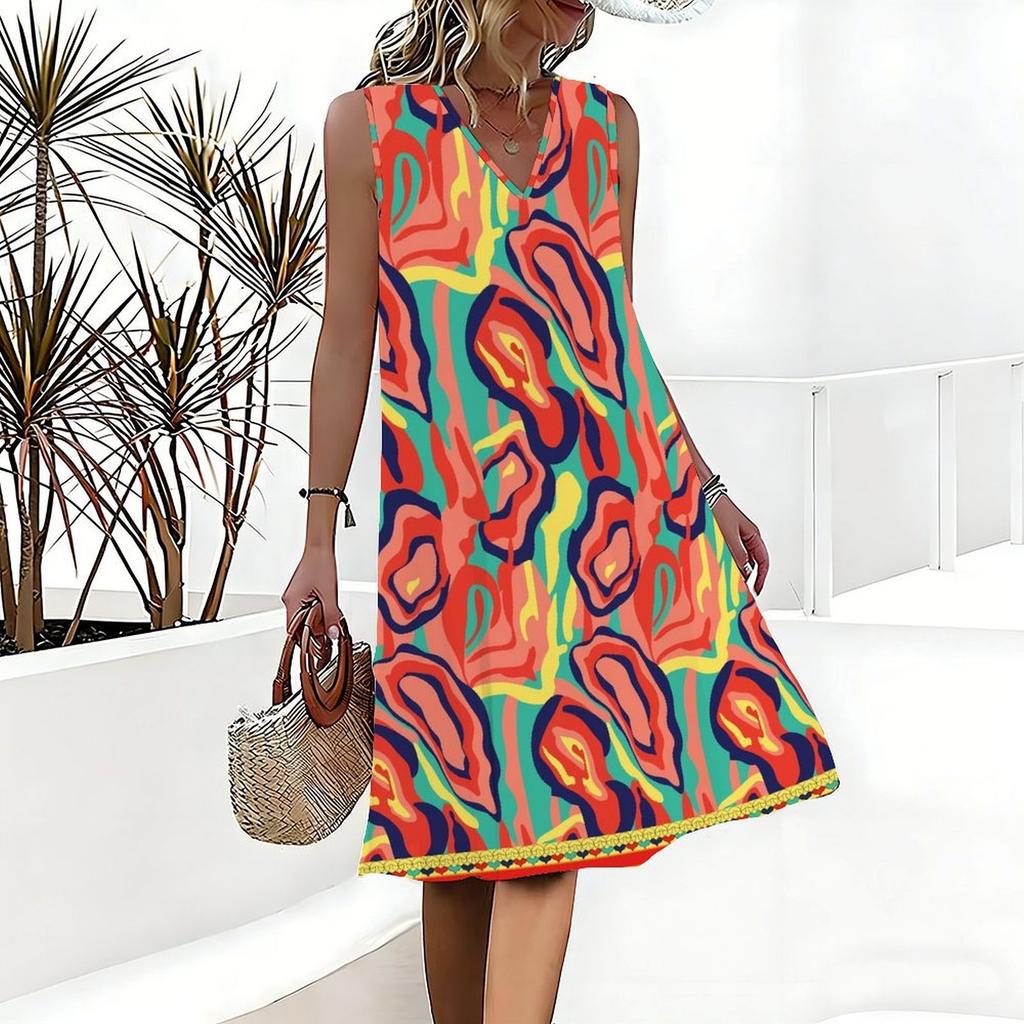 Plus Size V Neck Sleeveless Dress Ditsy Floral Watercolor Print For City Park Walk