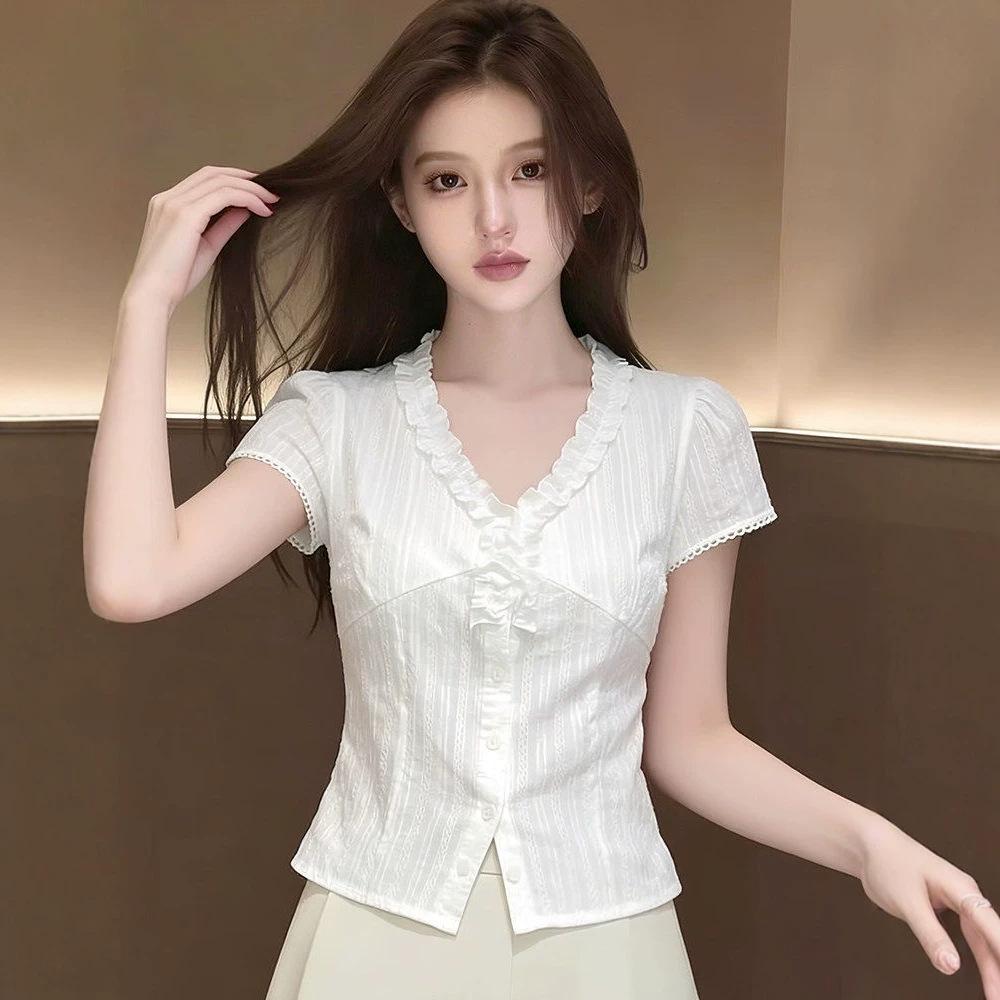 White V-neck short-sleeved shirt, summer new fat sister waist design sense work commuter shirt