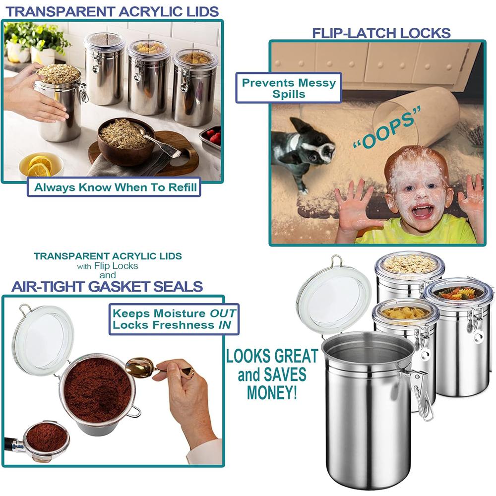 Stainless Steel Canister Set with Lids - Airtight Food Storage Canisters for Kitchen Counters, Tea, Sugar, Flour, Coffee Beans