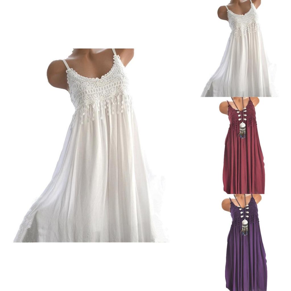 Elegant Women Summer Crew Neck Sleeveless Tank Maxi Dress With Lace Detail