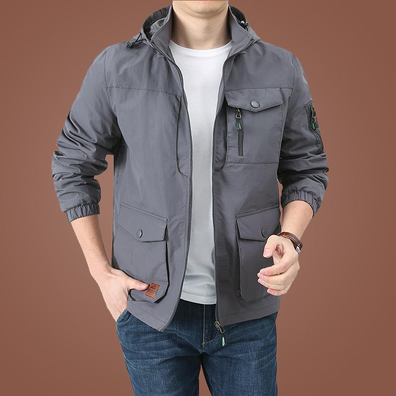 Spring and Autumn Large Size Loose Multi-Pocket Jacket Men's Casual Windbreaker Stand-up Collar Tooling Men's Clothing