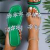 Rhinestone Flower Flat Sandals for Women 2025 Fashion Square Toe Summer Slippers Woman Lightweight Non Slip Outdoor Beach Slides