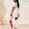 Women Plus Size White Red Blue Printed Round Neck Short Sleeve Longline Top Fitted Pants Two Piece Set