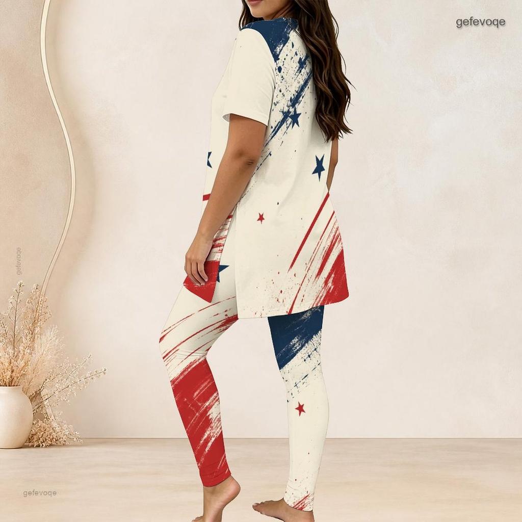 Women Plus Size White Red Blue Printed Round Neck Short Sleeve Longline Top Fitted Pants Two Piece Set