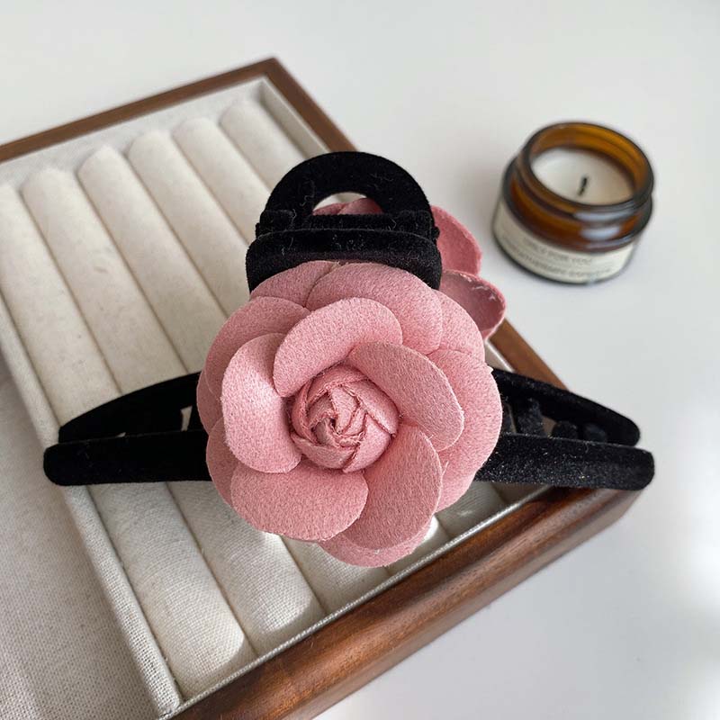 Korean Pink Velvet Camellia Hair Claw Hairpin for Women Vintage Elegant Flower Shape Shark Clip Headwear Hair Accessories