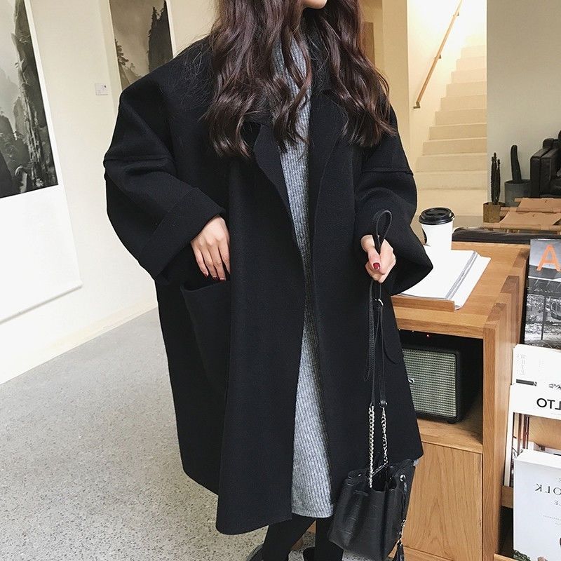 Autumn and Winter Plus Size Women's Woolen Coat Women's Korean Version Loose Medium Long Windbreaker Thick Coat