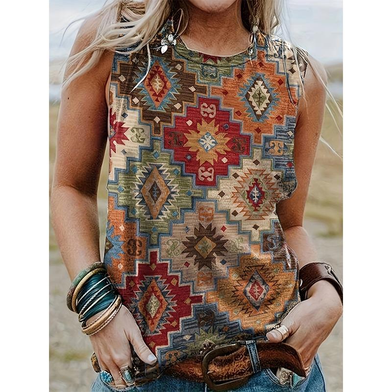 

Western Style Tank Tops Geometry 3D Print Summer Fashion Women O-Neck Vest Off Shoulder Y2k Sleeveless Camisole Woman Clothing XL