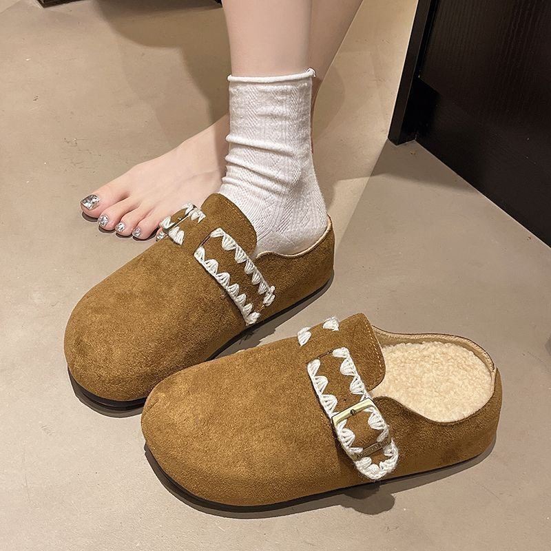 Birkenstocks, slippers, small fragrant soft-soled bag head, half slippers are not tired, versatile feet, round head, Korean version lace