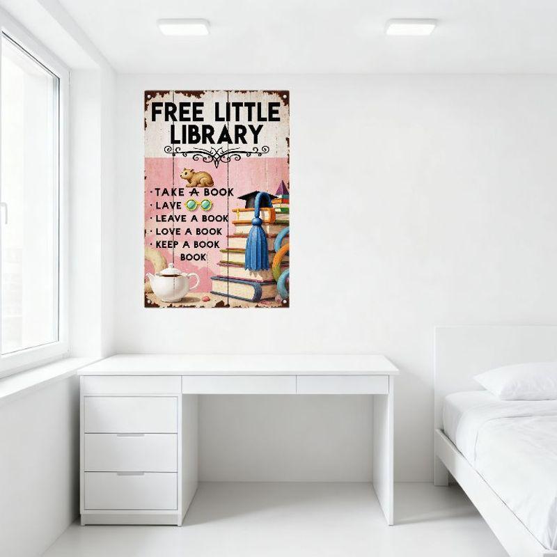 Vintage Free Little Library Metal Tin Sign, Weathered Wood Rust Design, Whimsical Book Squirrel Illustration, Home Cafe Bar Wall