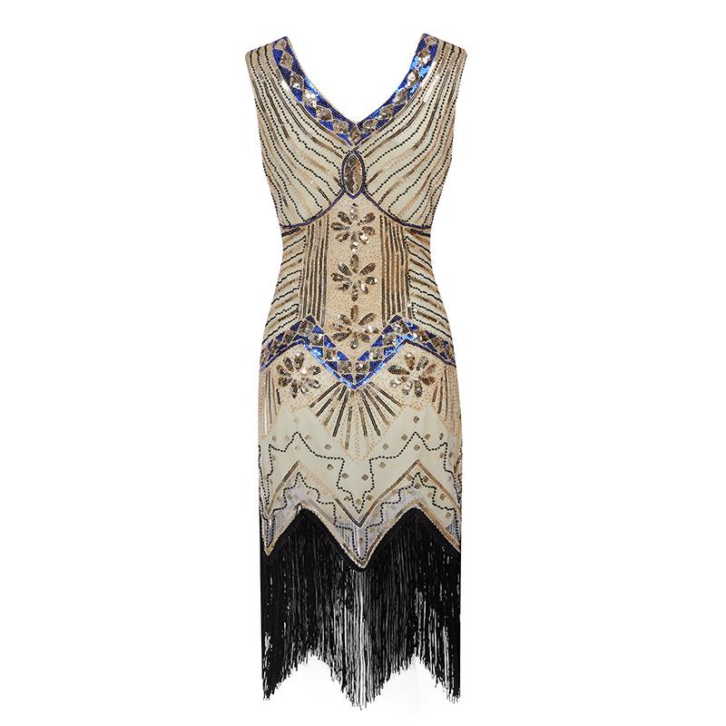 Retro Sequined Beaded Dress Front and Rear Deep V-neck Fashionable Fringed Dress, Popular Evening Dress
