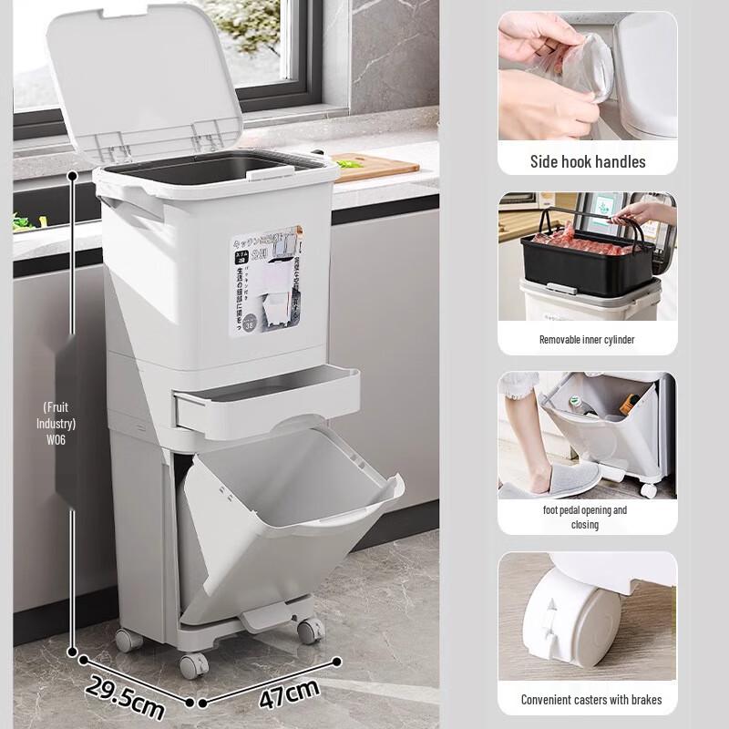 Zunwei 52L 3-Layer Dry/Wet Separation Kitchen Trash Can