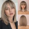 Ombre Brown Blonde Color Women Fashion Short Straight Bob Wig with Bangs Synthetic Fiber Natural Bob Daily Wear Wig
