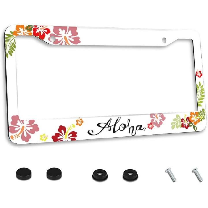 Aloha Hawaii Hibiscus Floral Flowers Colorful License Plate Frame Car License Plate Stainless Steel Accessory License Plate Decorative 2 Holes Screw