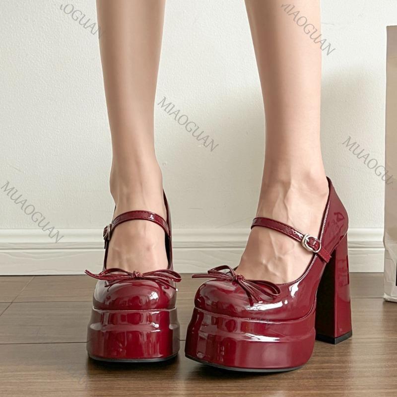 Fashion Super High Heel Mary Jane Shoes Women's Retro Round Toe Shallow Mouth Bow Platform One Strap Block Heel Solid Pumps Single Shoes