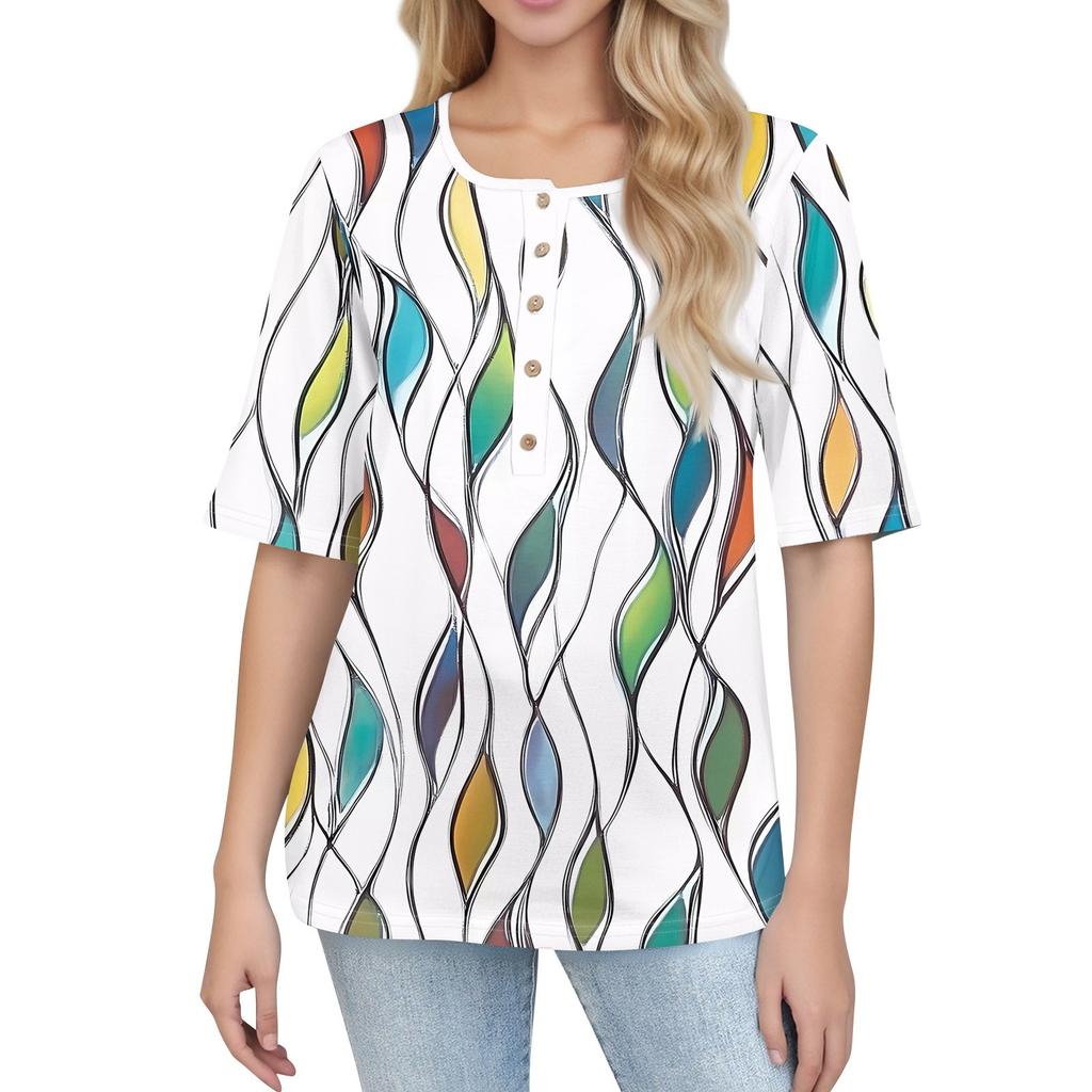Shirts For Women Trendy Round Neck Button T Shirts Printed Blouse Half Sleeve Tops For Women