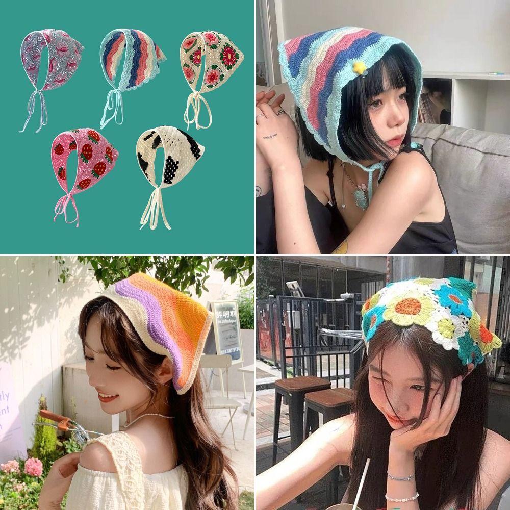 French Pastoral Style Triangle Headband Knitted Little Flower Headscarf Hat Handmade Crochet Color Contrast Girls Headband Towel