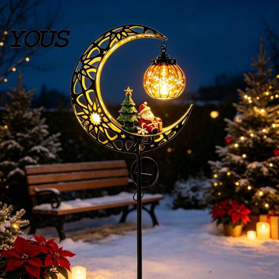 Winter Courtyard Christmas Decorations Solar Moon Light, Santa Snowman Crescent Garden Stake Warm Easy Install Ground Lights LED Glow, Festive Pathway