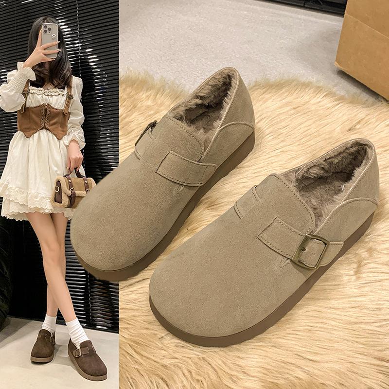 Retro Birkenstock shoes women's winter velvet warm cotton shoes women's Japanese ugly and cute flat-bottomed loafers women's shoes