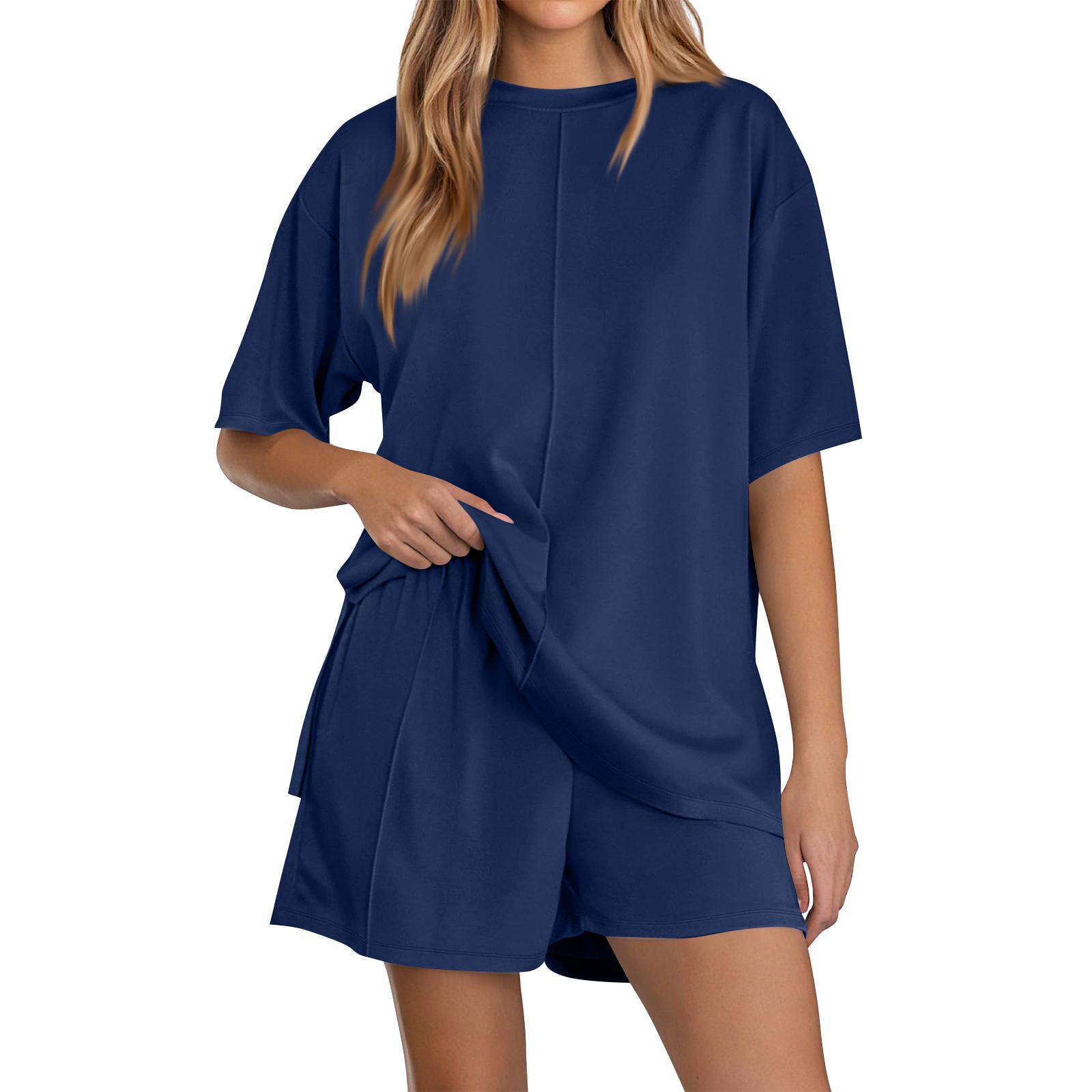 

Women s Casual Fashion Christmas Print Short-sleeved Home Wear Button-down Short-sleeved T-shirt And Shorts Pajamas L Темно-синій