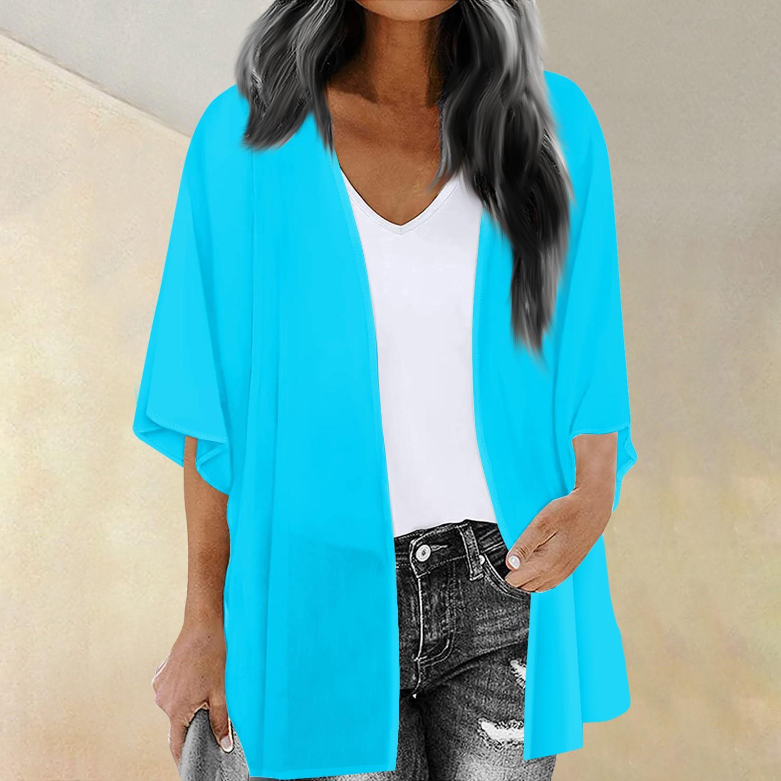 

Женский модный кардиган с рукавами из семи частей с принтом, свободная блузка, повседневная блузка, топ XXL циан