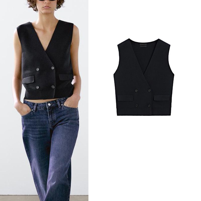 MD Summer Women's Clothing Gas Field Capable Young Ol Commute Style Double Breasted Light V-neck Knitted Vest 5723678