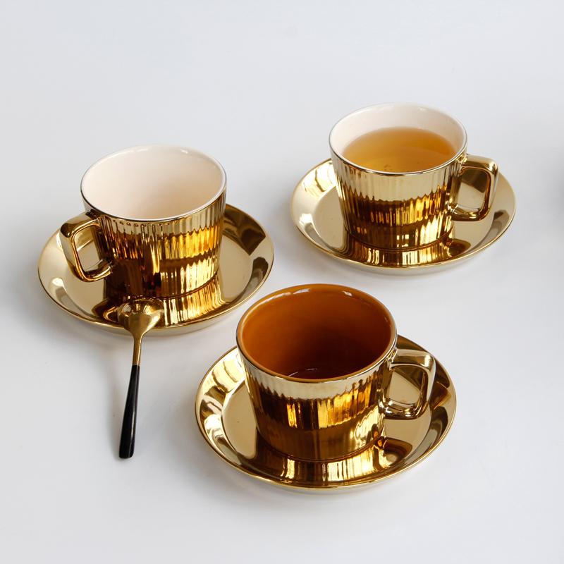 Ceramic gold coffee cup saucer set Gold three-dimensional striped mug Home cup Nordic simple milk cup afternoon tea cup gift