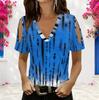 Damen Übergröße V-Ausschnitt Cold Shoulder Kurzarm Blau Abstrakt Print Oberteil