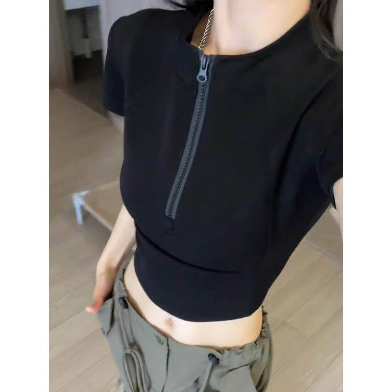 Black Solid Zipper Short Sleeve T Shirt Women Summer Slim Fit Design Waist top