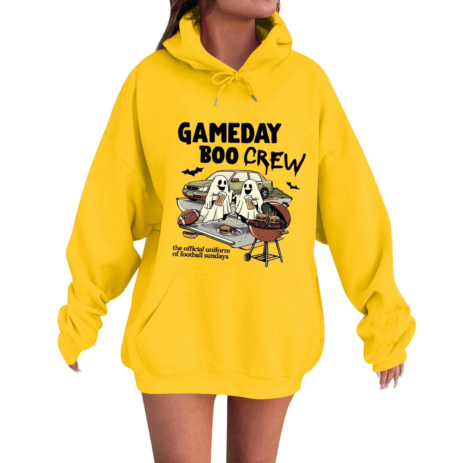 

Женский повседневный модный удобный свитшот с круглым вырезом, с принтом «День игры», «Бу», Хэллоуин, с капюшоном XL жёлтый