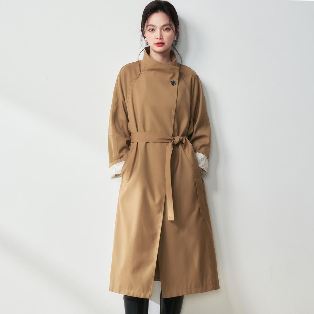 Autumn simple ROW style stand-up collar design sense simple casual commuting style long coat medium and long trench coat 075