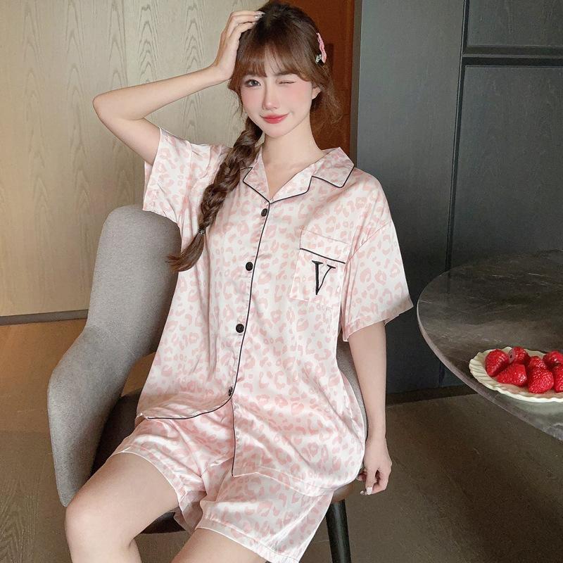 Stylish Sweet Pink Leopard Print Women'S Loungewear Summer Ice Silk Short-Sleeved Elastic Waist Suit