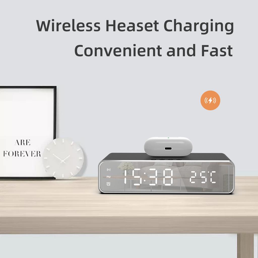 Digital Alarm Clock for Bedroom Electronic Clock with Wireless Charging for Phone Headset Thermometer Temperature Date