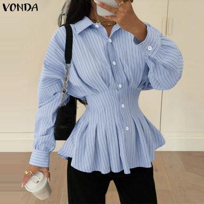 Womens Casual Lapel Neck Long Sleeve Ruffled Striped Print Loose Rumple Blouse Shirts