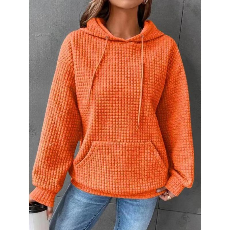Color Block Waffle Drawstring Hoodie, Casual Long Sleeve Pocket Sweatshirt, Women's Clothing