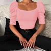 Women's Spring New Women's Simple Square Neck Puff Sleeve Top Women's Short Sleeve