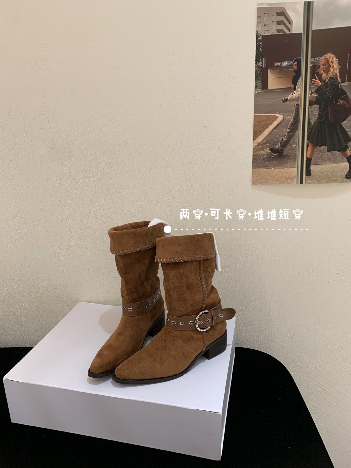 

Lapel two wear wide tube stacking boots pointed western cowboy boots 2025 summer boots women s thick heel medium boots 39 коричневый