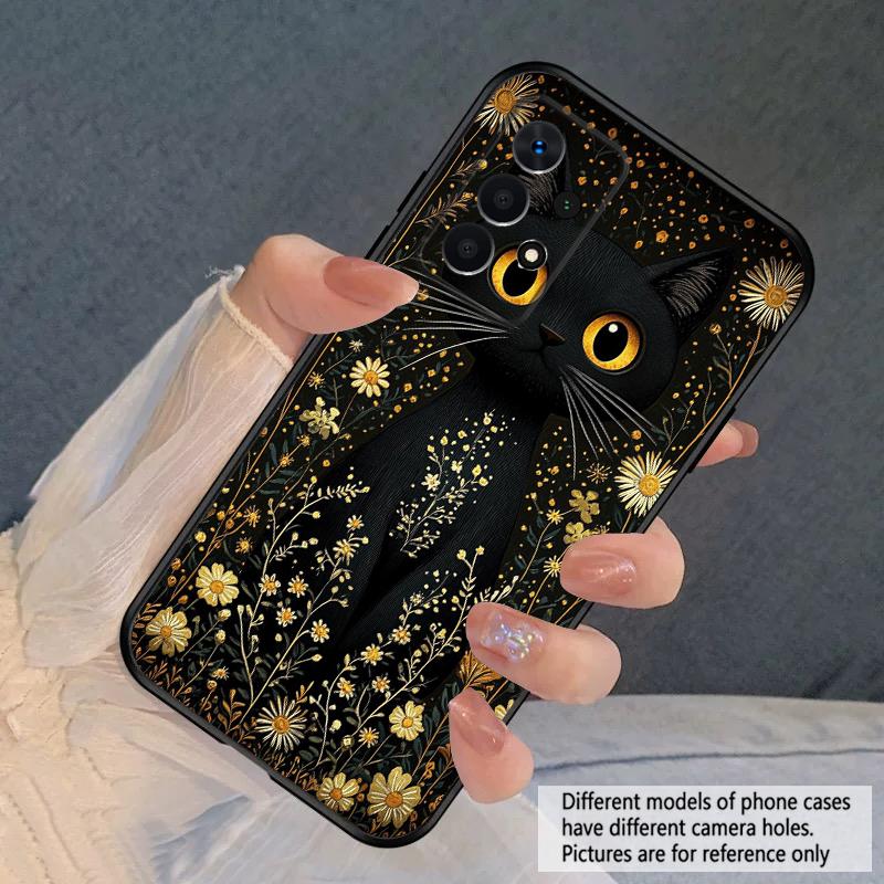 Flower Cat Black For Samsung A03 Core A 04 05 06 12 14 15 16 22 23 Galaxy A25 26 4G 34 35 52 53 56 71 73 90 5G soft phone case