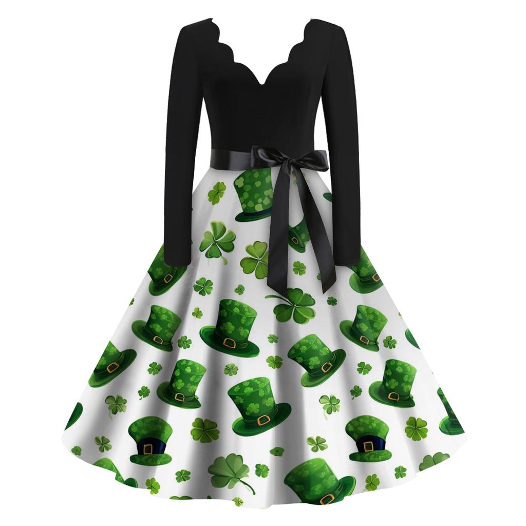 Damen Freizeitmode Bedrucktes V-Ausschnitt Retro Langarmkleid