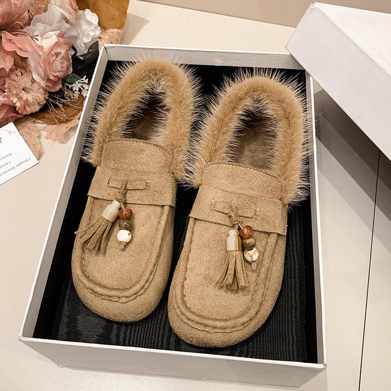 Boken shoes women's 2025 autumn new soft-soled suede one-pedal loafers beaded tassel fashion versatile cotton shoes