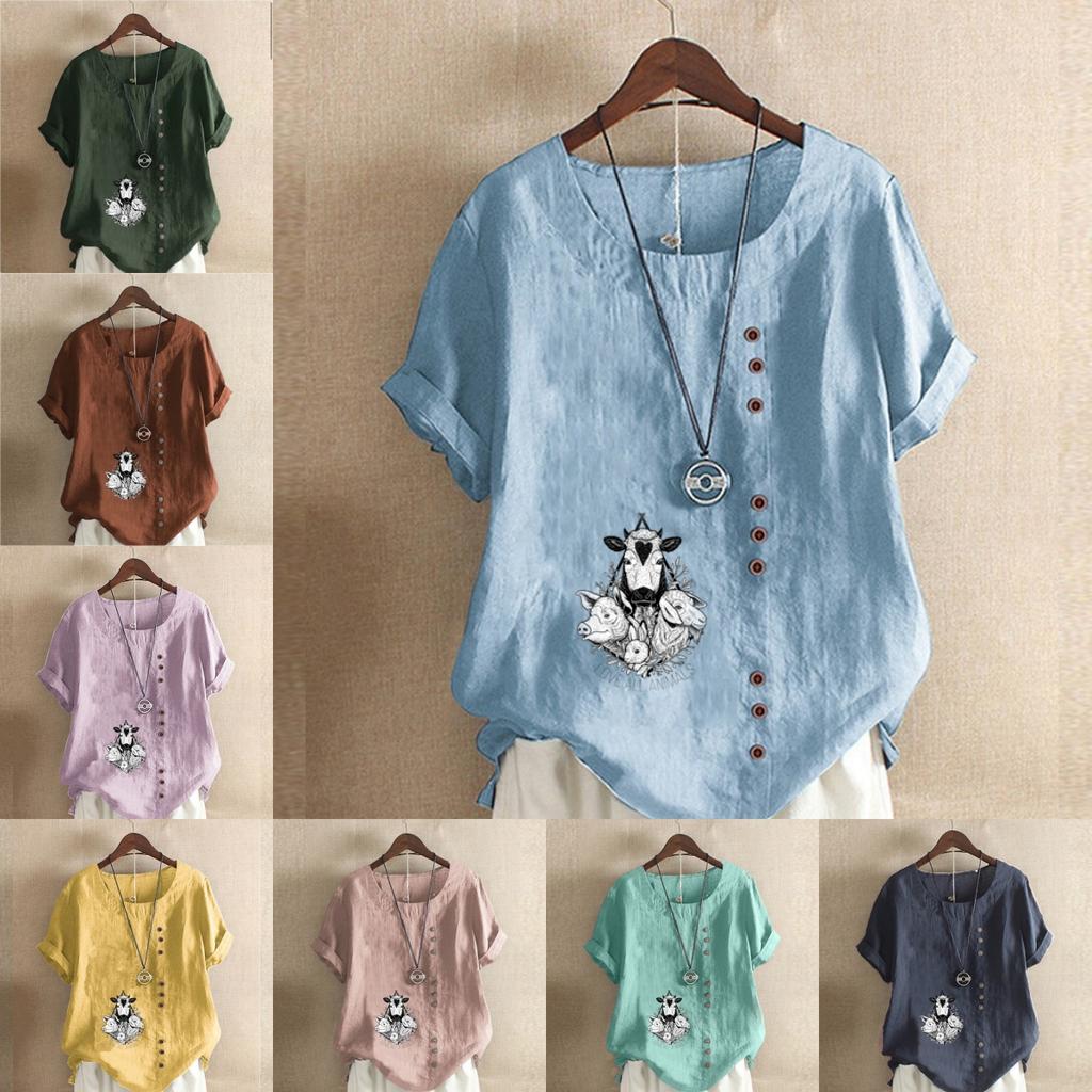 Women's Fashion Animals Prined Short Sleeve T-shirt Loose Cotton Shirt Casual Loose Summer Blouse Tops Plus Size