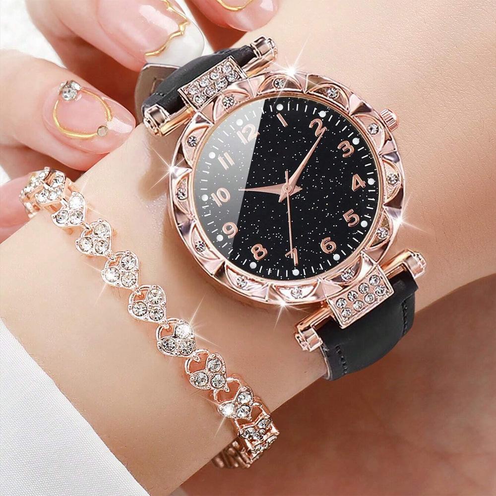 Diamond Watch Women's Belt Digital Disc Quartz Watch High Value Clover Jewelry Watch Set