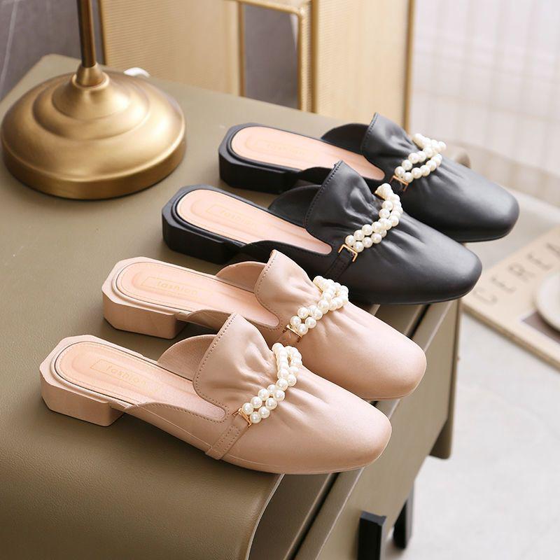 Baotou Pearl Women's Half Slippers - 2025 Spring & Autumn Korean Style Fashionable Net Red Lazy Shoes