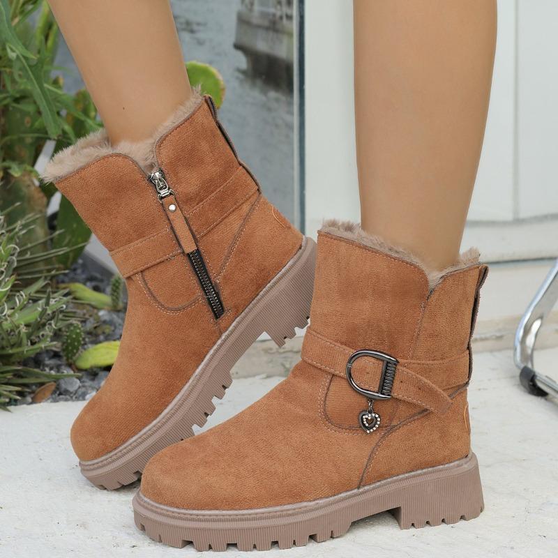 Cow Suede Plus Wool Warm Cotton Boots Winter New Round Toe Sleeve Metal Buckle Side Zipper Platform Shorthole Boots
