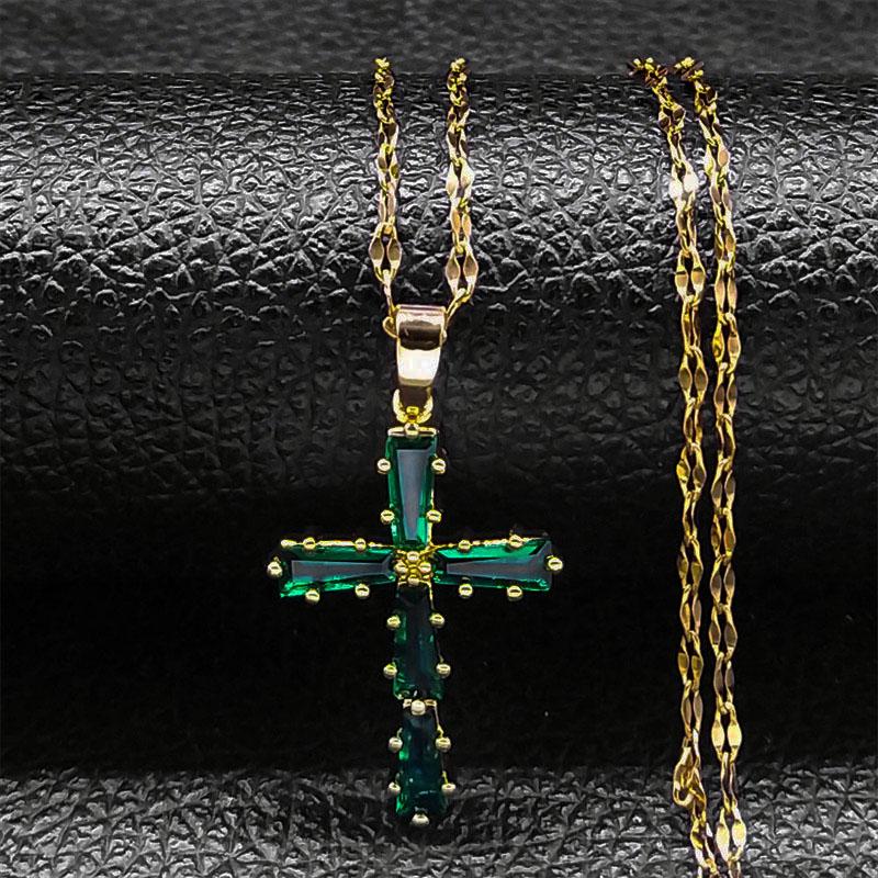 

Vintage Green Zircon Simple Cross Necklace For Women Stainless Steel Chain Luxury Pendant Exquisite Necklaces Jewelry Gifts