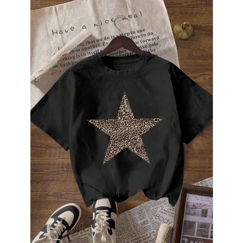 Leopard Print and Star Print Round Neck Short Sleeved Women's Casual T-shirt Fashion Trend Harajuku Women's T-shirt