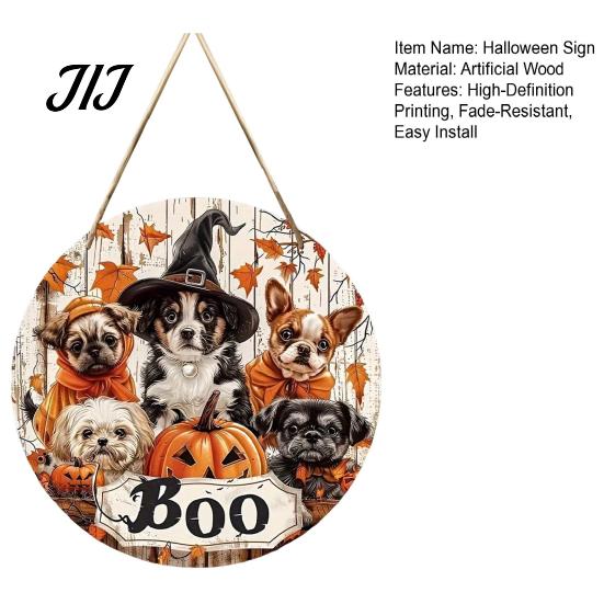 Front Porch Hanging Sign Wooden Halloween Door Sign, Cute Puppy Witch Hat Pumpkin Boo Festive Home Ornament Hanger, Fall Maple Leaf Wall Decor